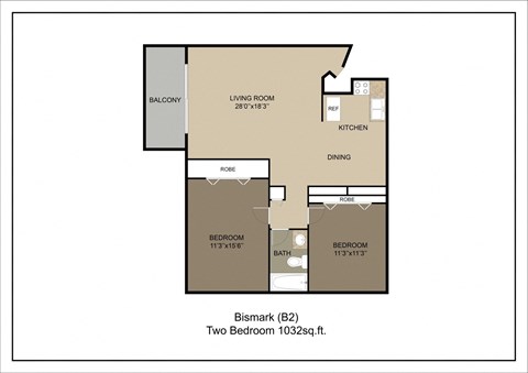Floor plan for 2 beds, 1 bath, 1032 sqft
